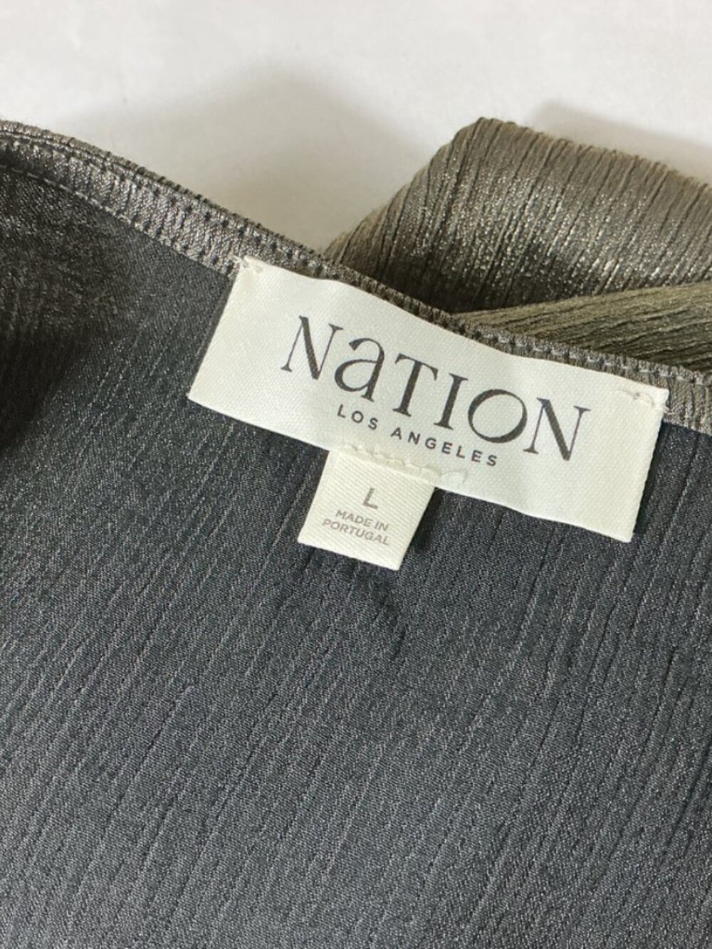 Nation LTD Gray Gold Metallic Satin V-Neck Pamela Flutter Sleeve Midi Dress L - Picture 6 of 7